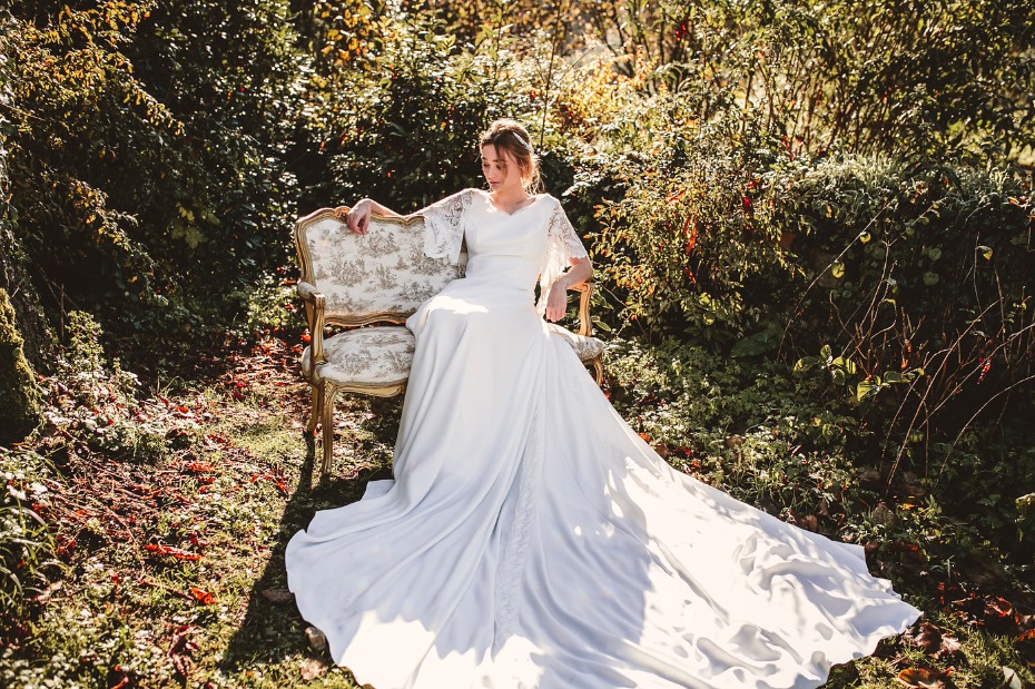 Silk wedding dress with lace sleeves