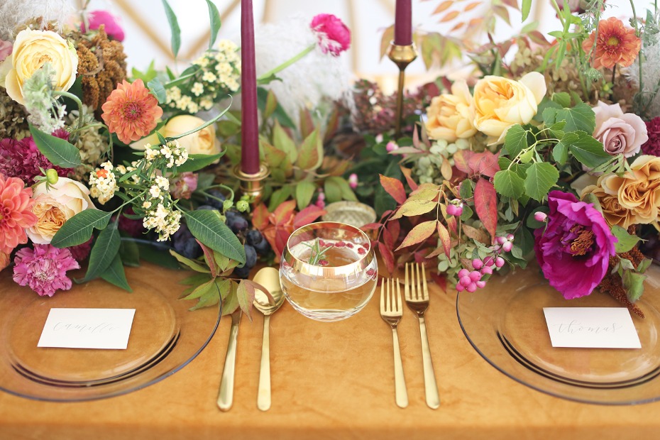 jewel-tone tablescape with a velvet table cloth