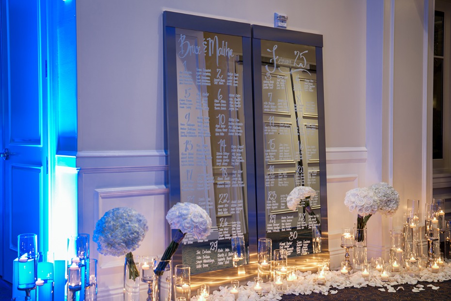 Elegant wedding seating chart with flowers and candles