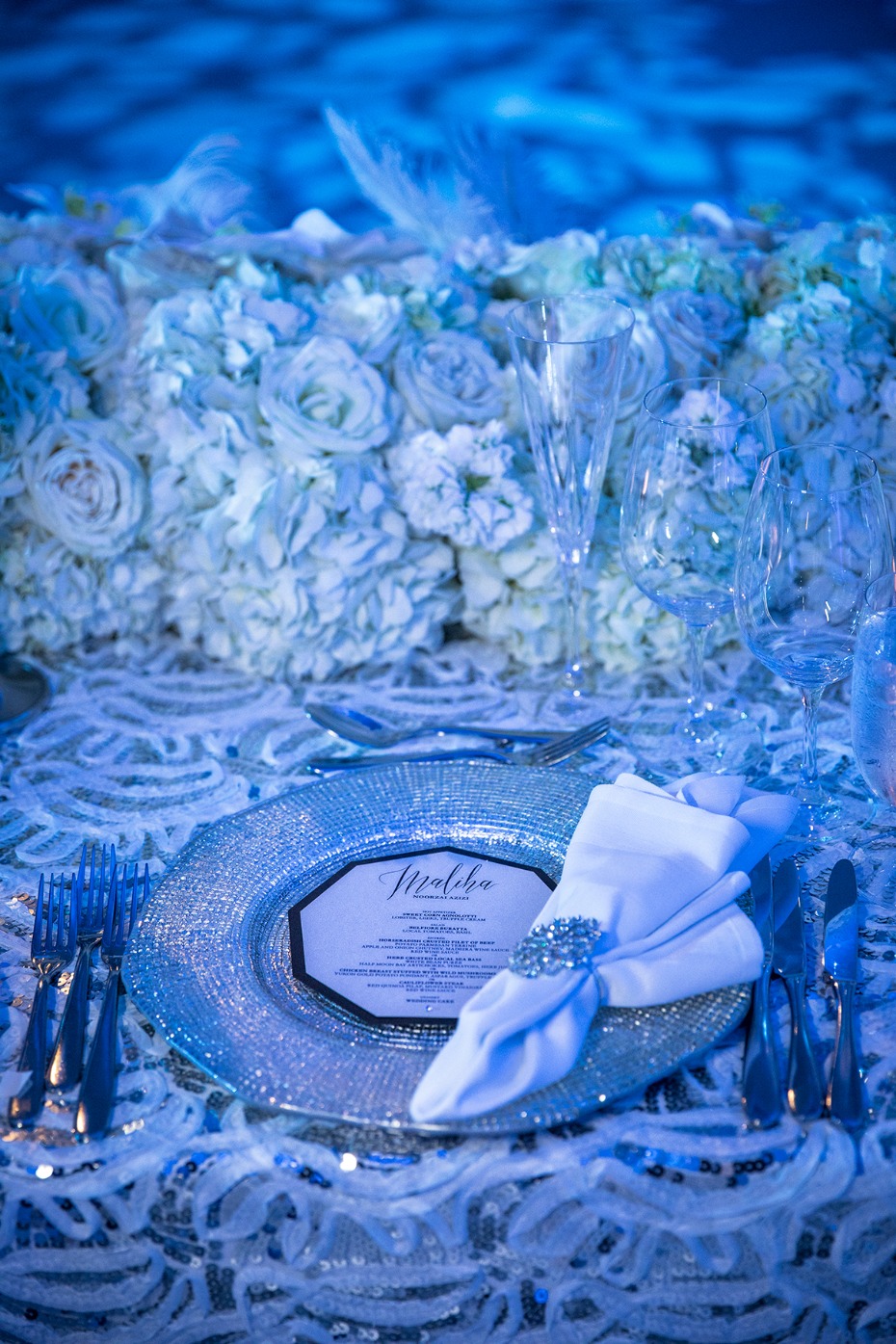 glittery and glamorous winter wedding place setting