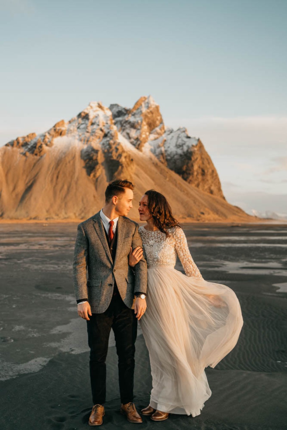 Romantic elopement in Iceland on a black sand beach