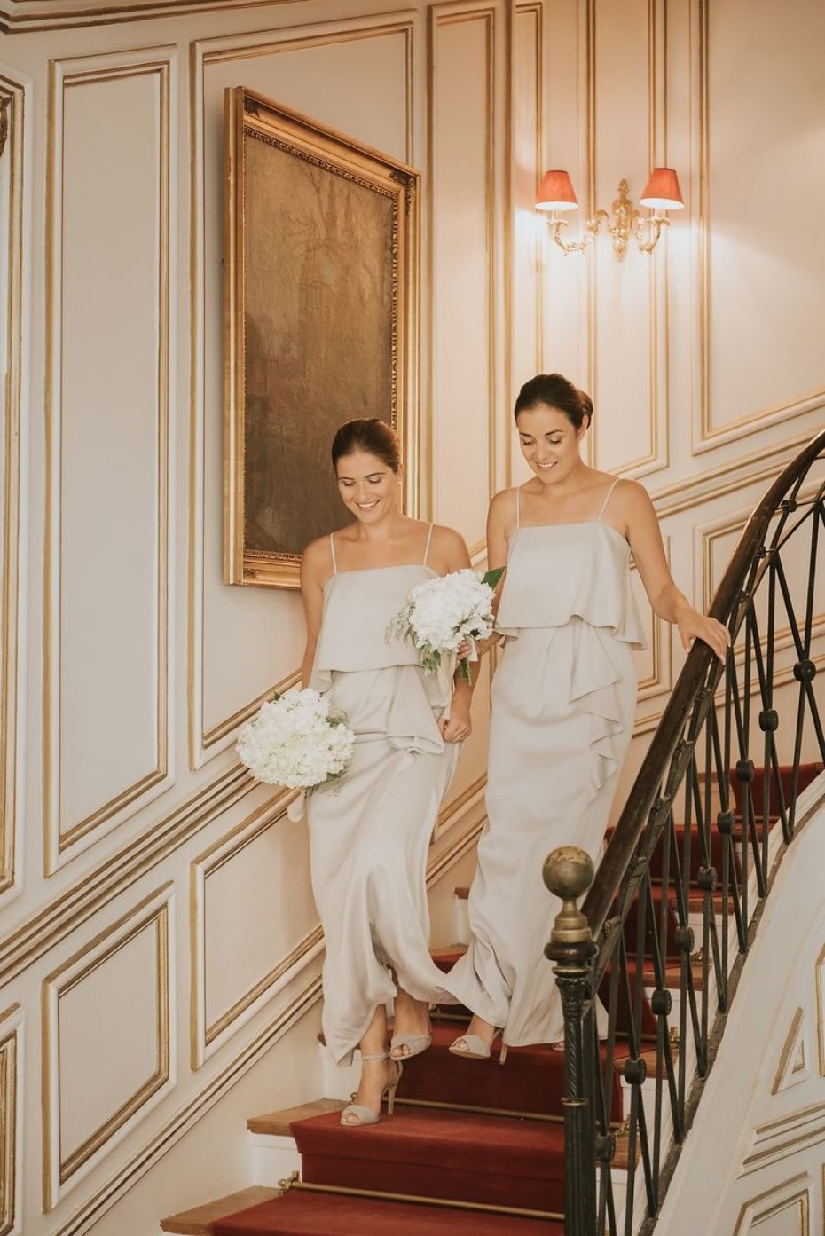 bridesmaids in chic champagne gowns
