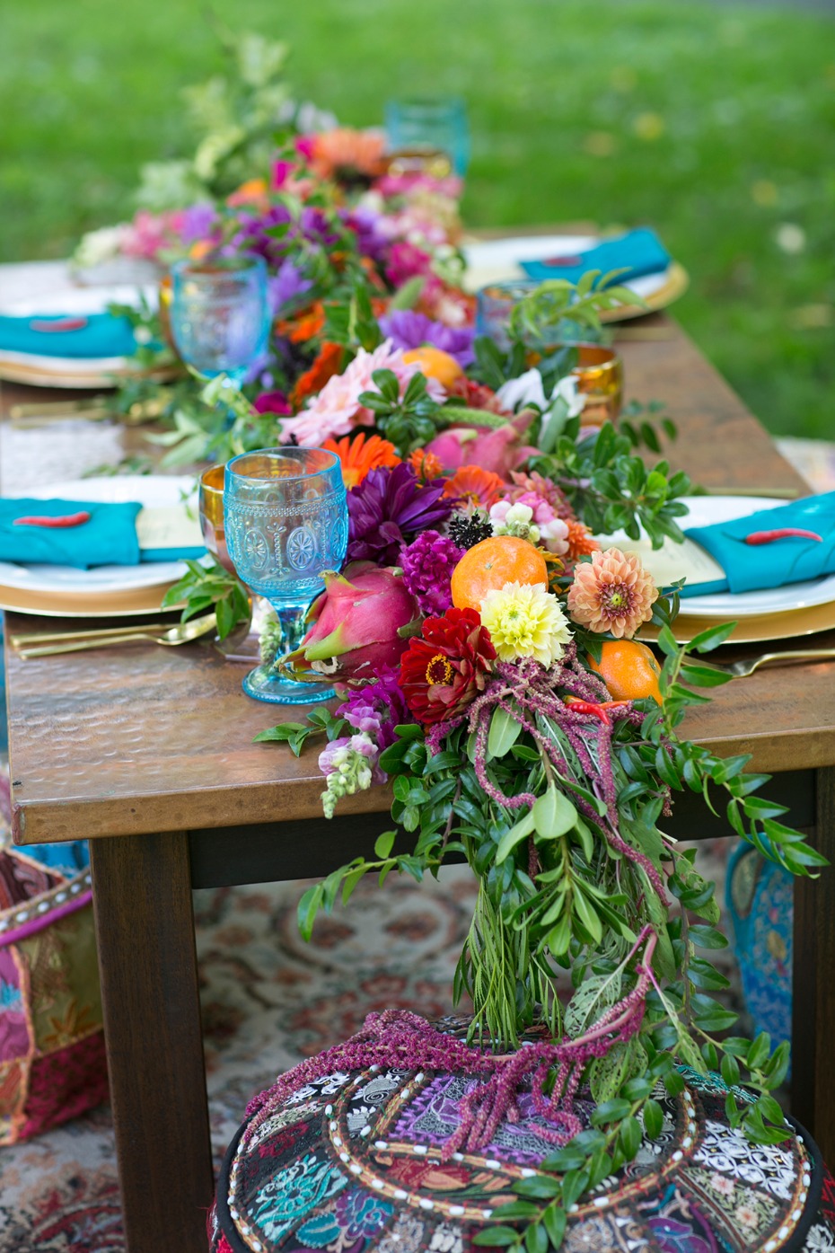 bright and colorful wedding table garland