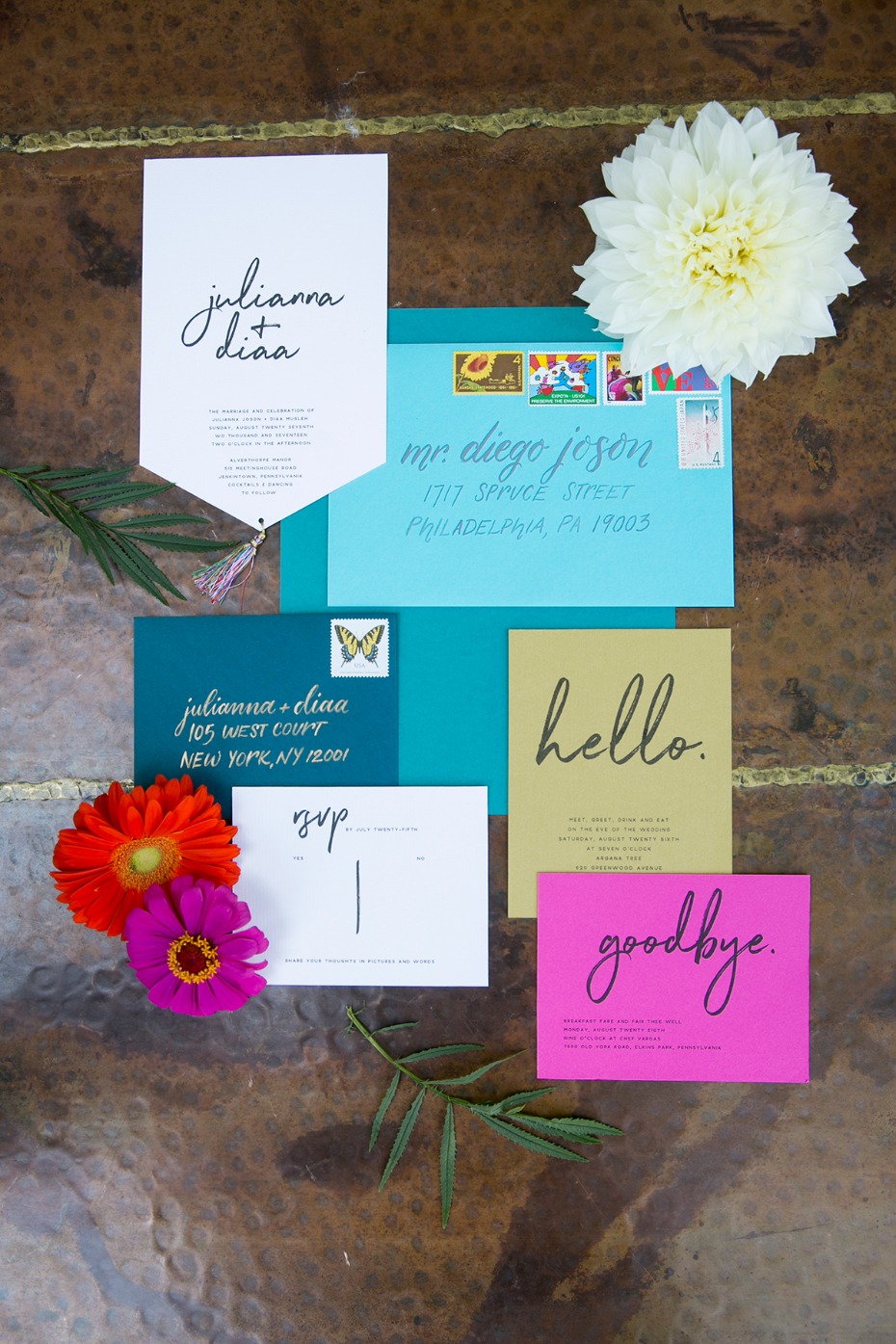 whimsically colored wedding stationery