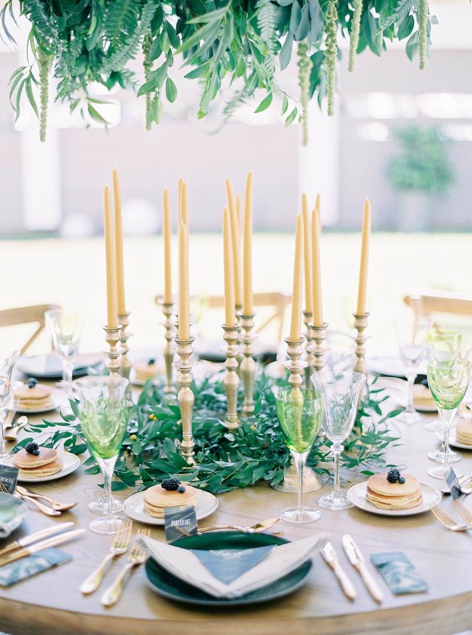 gold and green modern organic style wedding table decor