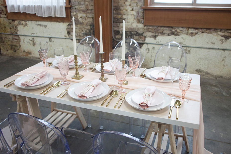 modern rustic chic wedding table decor in gold and blush