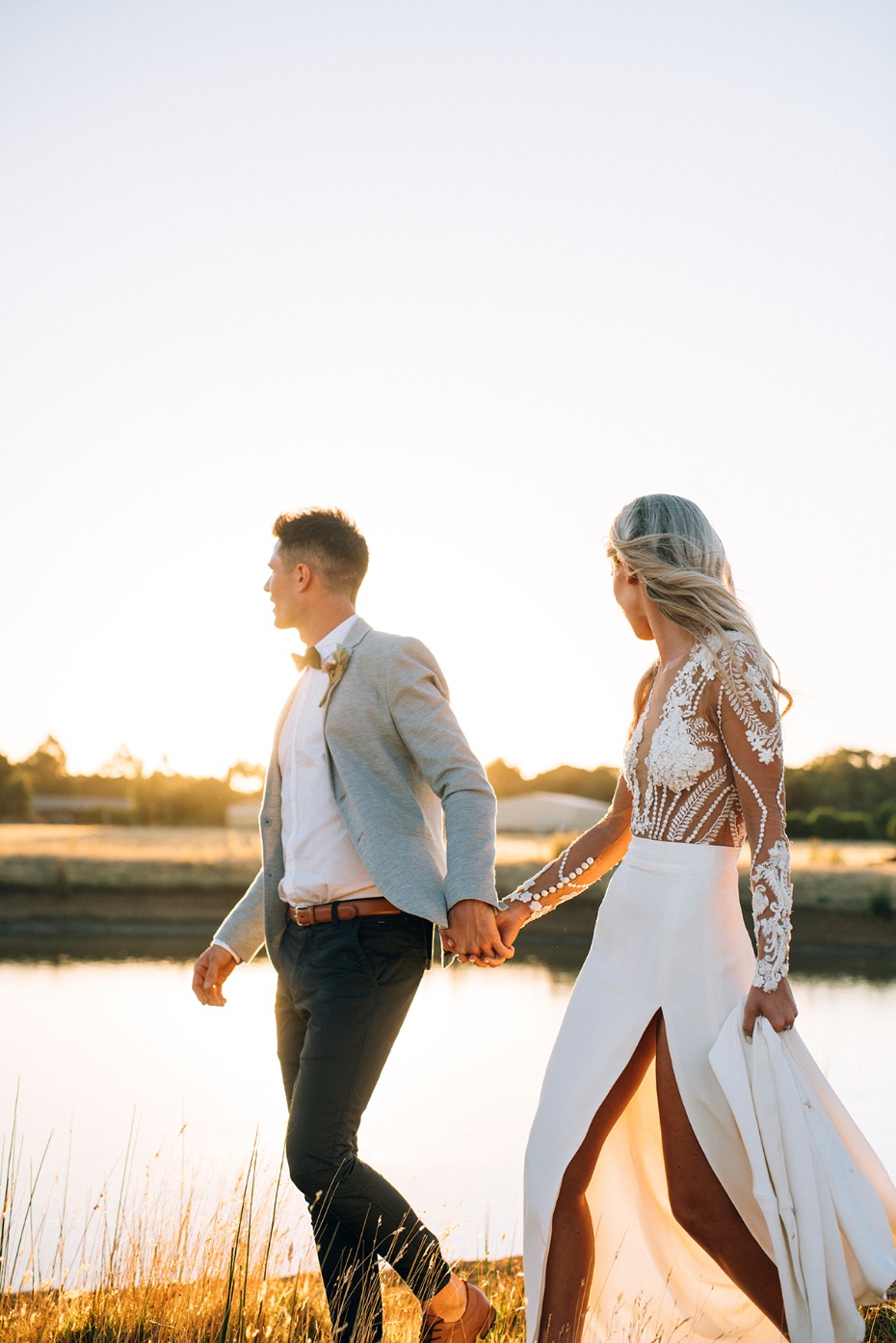 sunset wedding couple with festival style