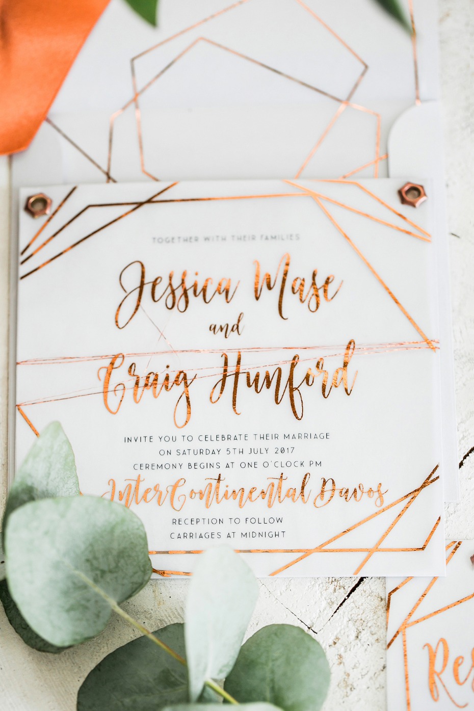 modern style copper and acrylic wedding stationery