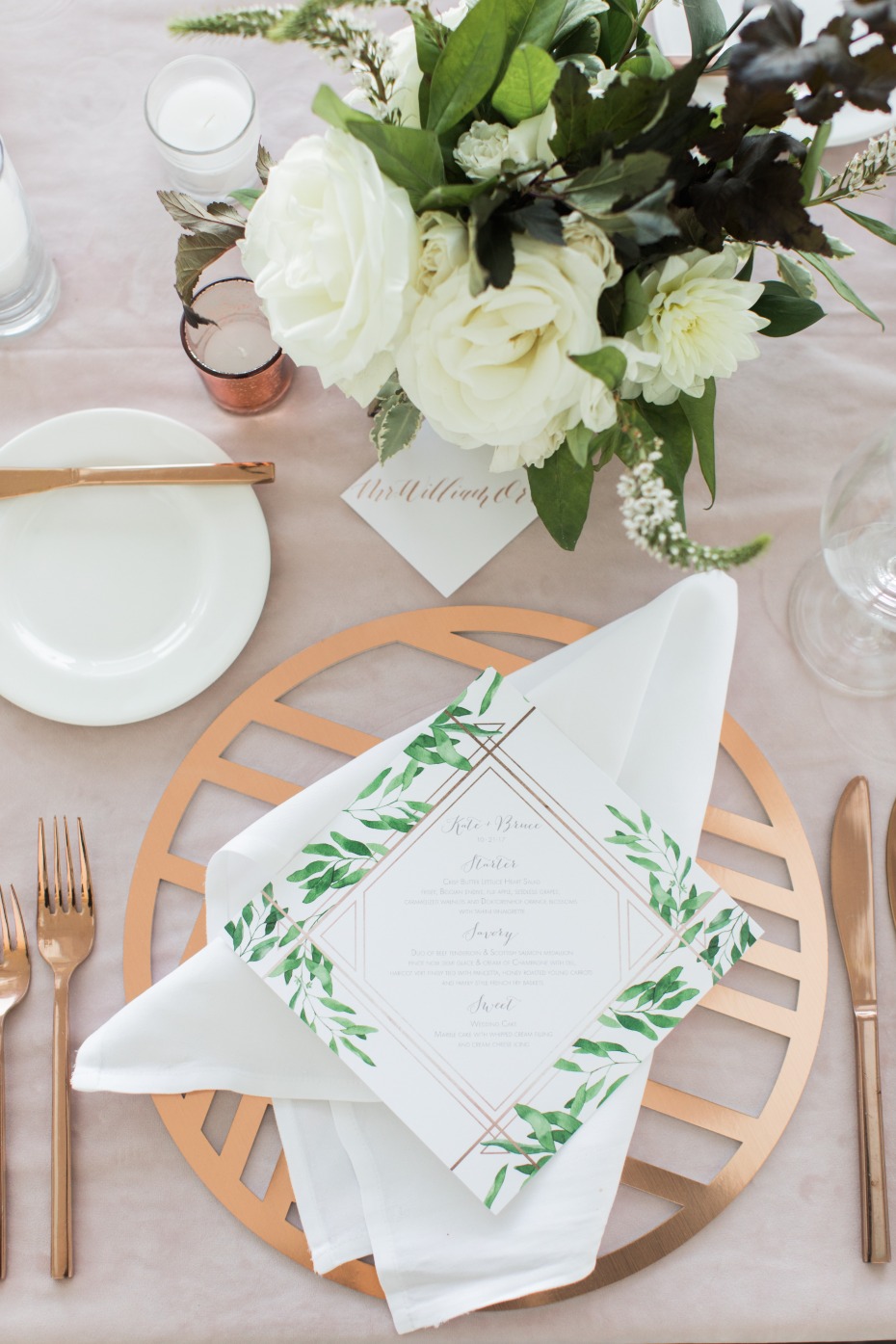White, green and rose gold table setting