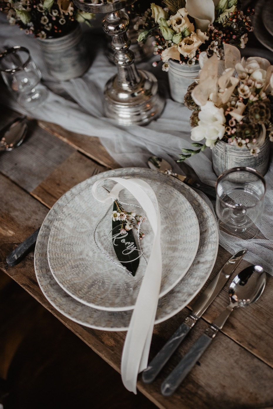 Rustic silver and white place setting