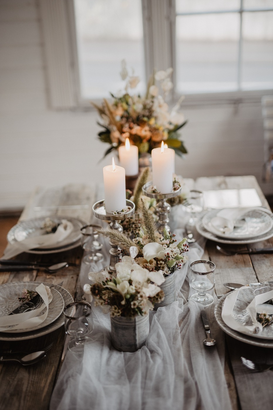 Silver and white centerpiece