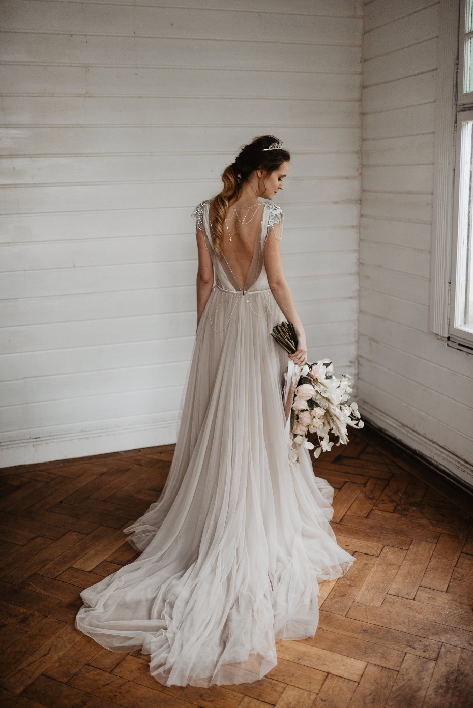 Soft smokey silver wedding dress with tulle train