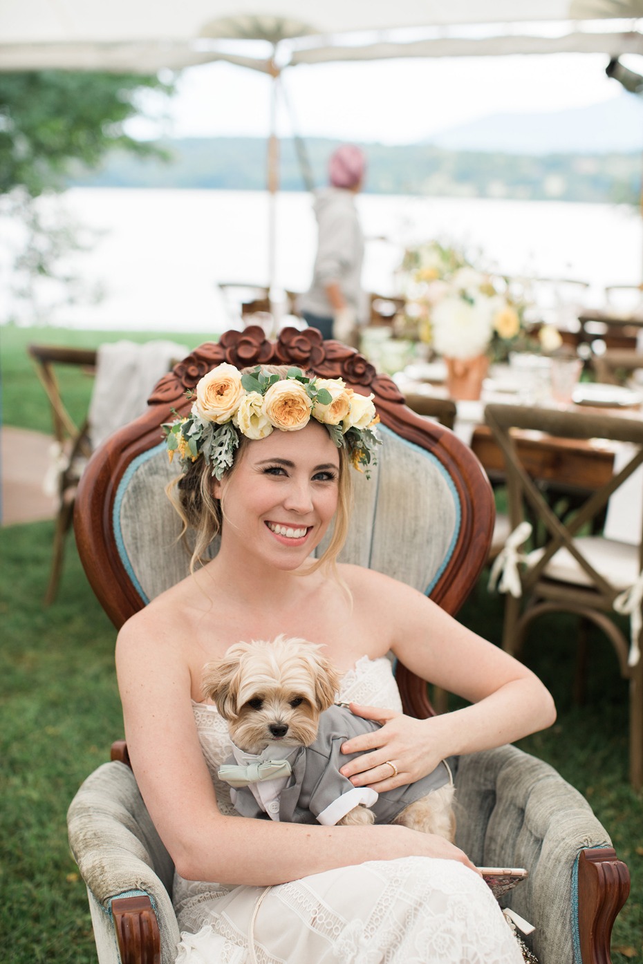the bride and her formally dressed dog Frank