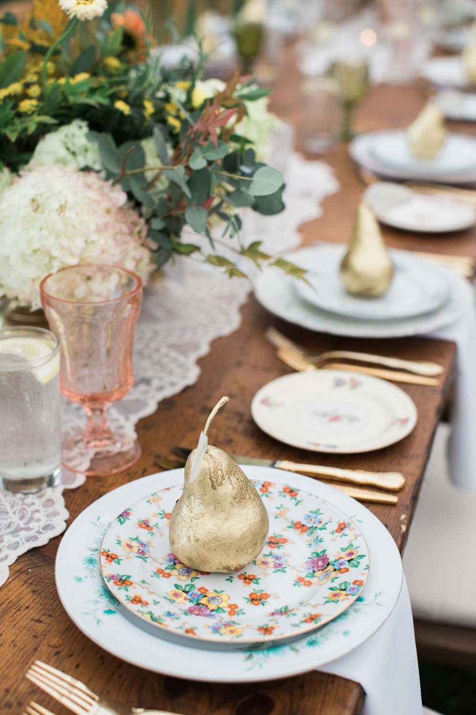gold pears and floral mismatch china