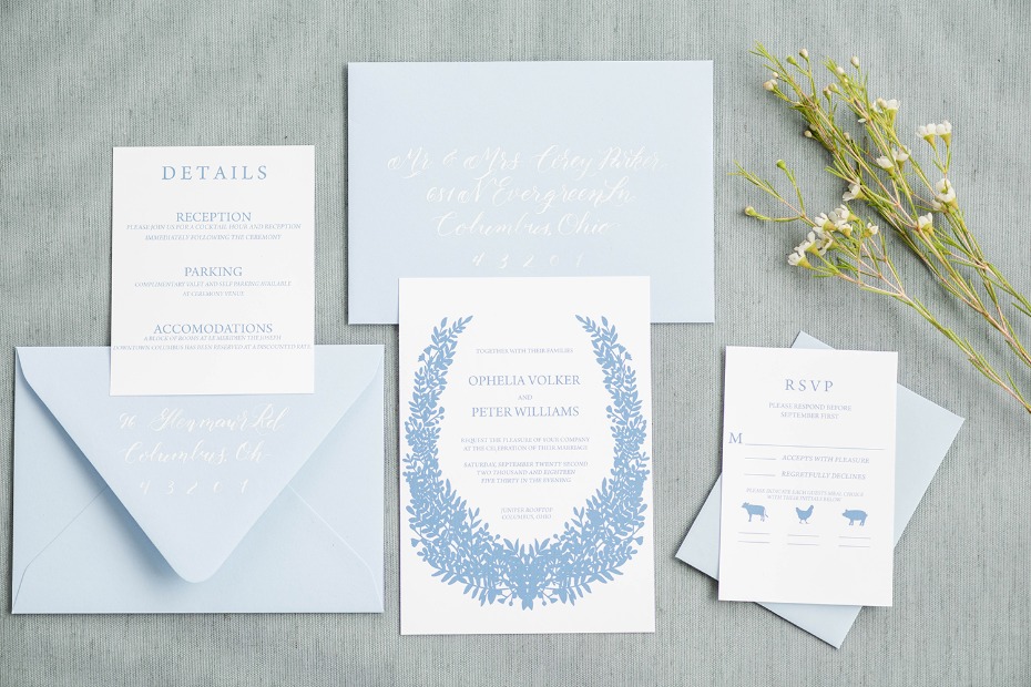 Blue and white spring invitation suite