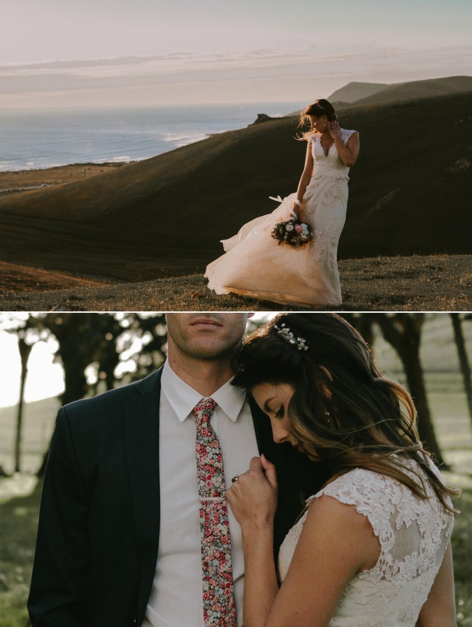 Elegant wedding couple embraces on a hillside with ocean views
