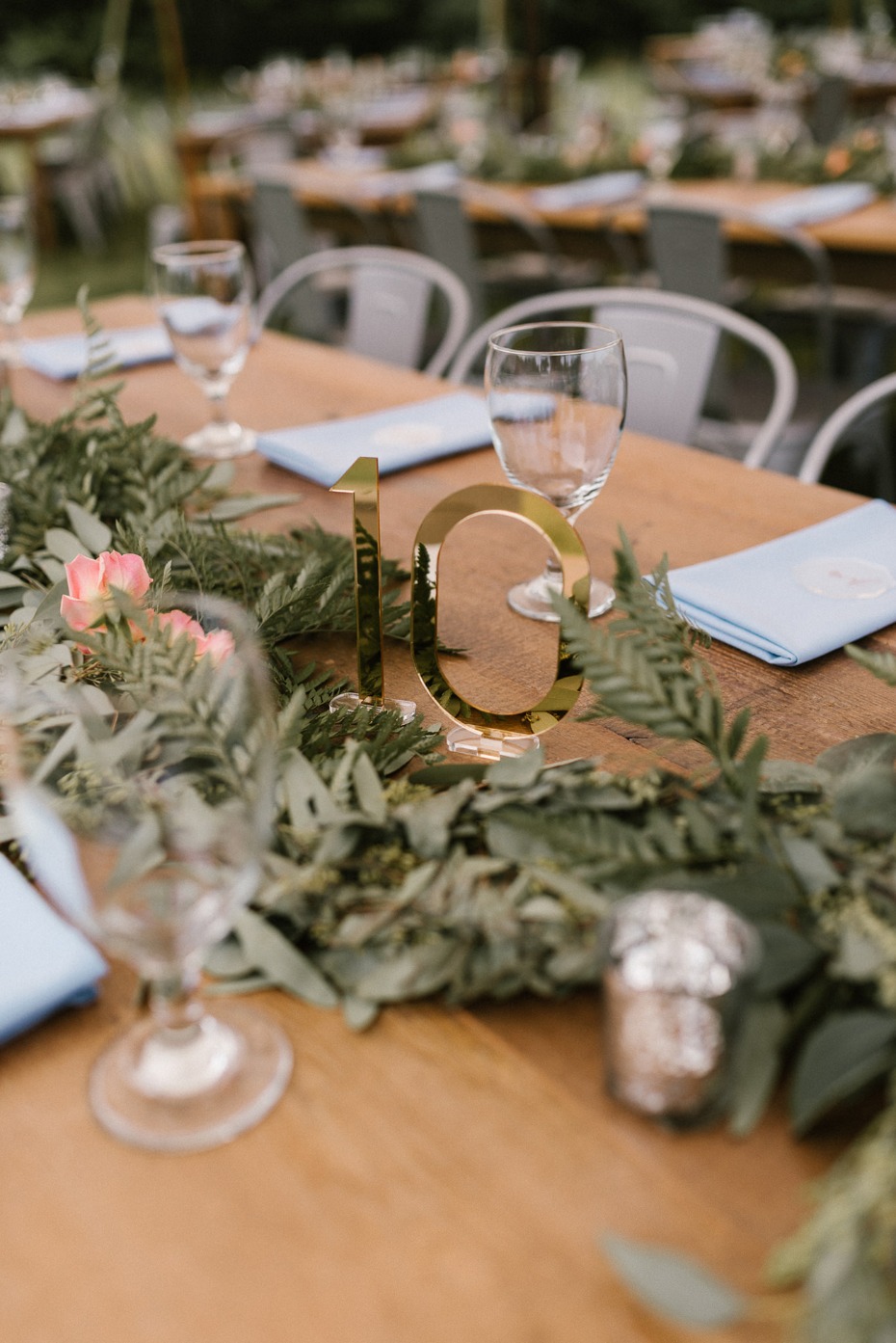Mirror table number and greenery centerpiece