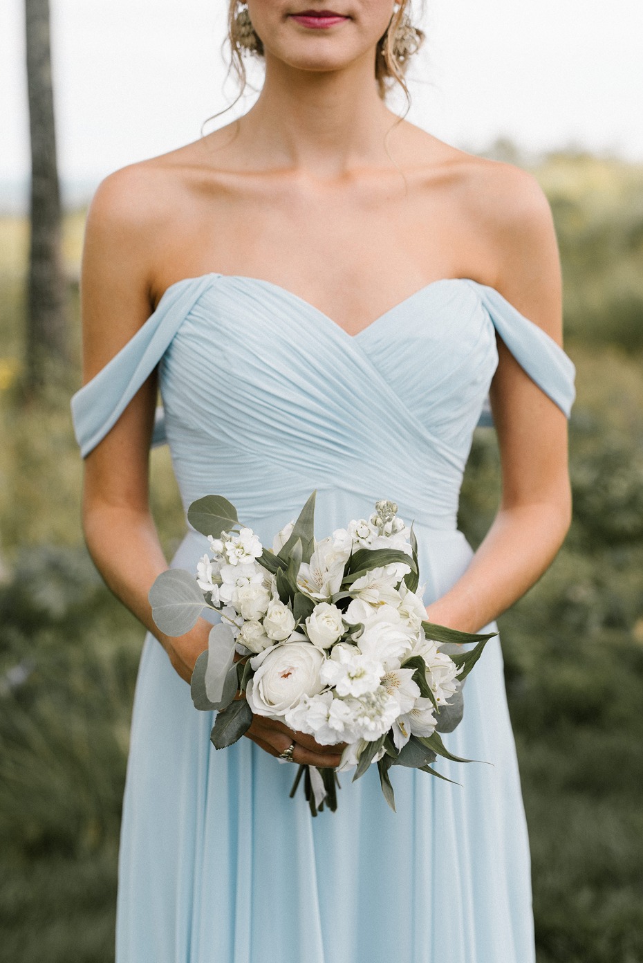 Light blue off shoulder bridesmaid dress