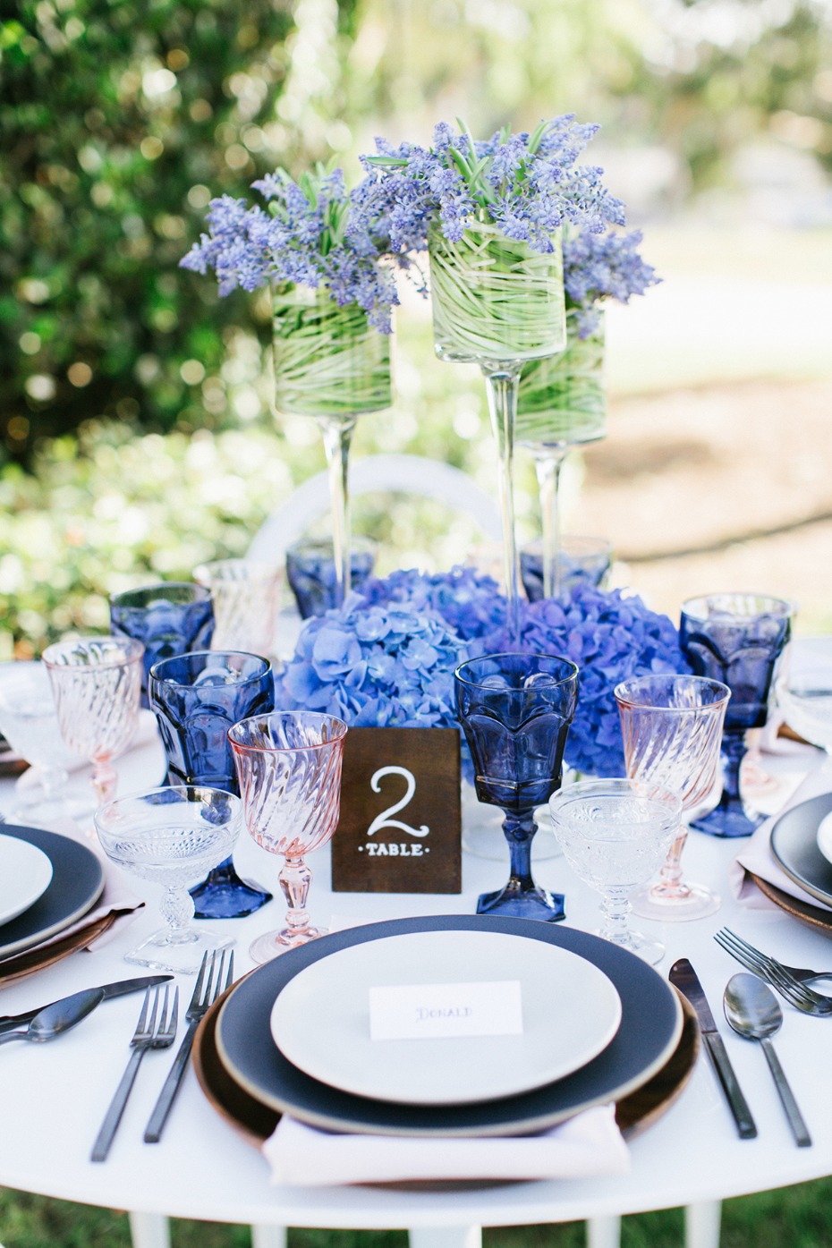 Blue and blush modern tablescape