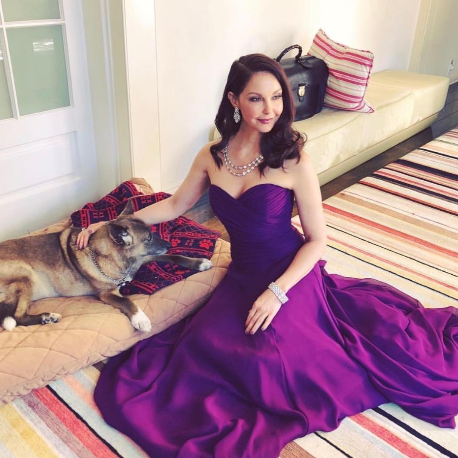 Woman in purple dress pets dog indoors