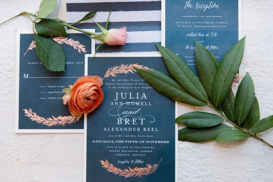 navy and copper wedding invitations