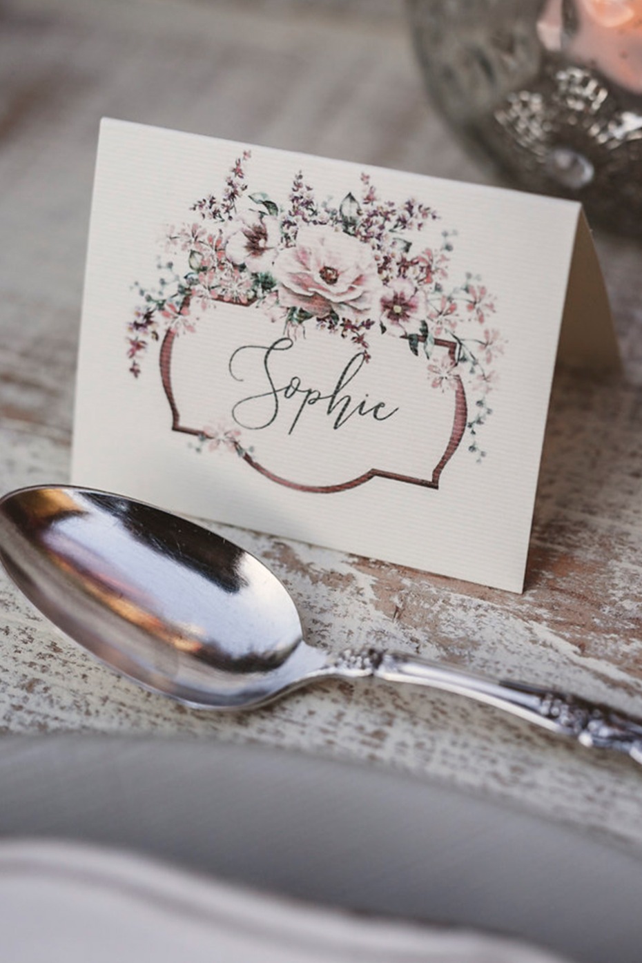 Calligraphy place card with florals
