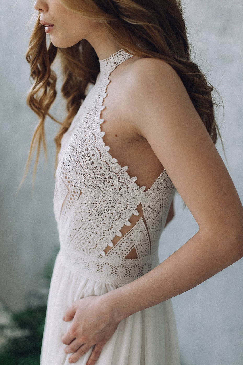floor length crocheted wedding dress