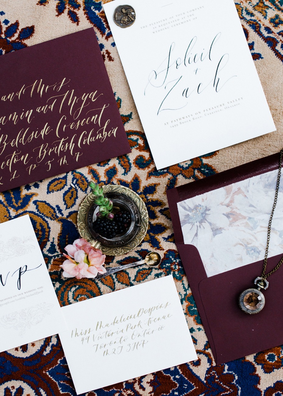 burgundy and calligraphy wedding stationery