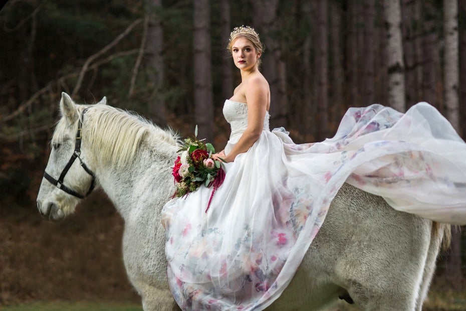 regal bride on horse back