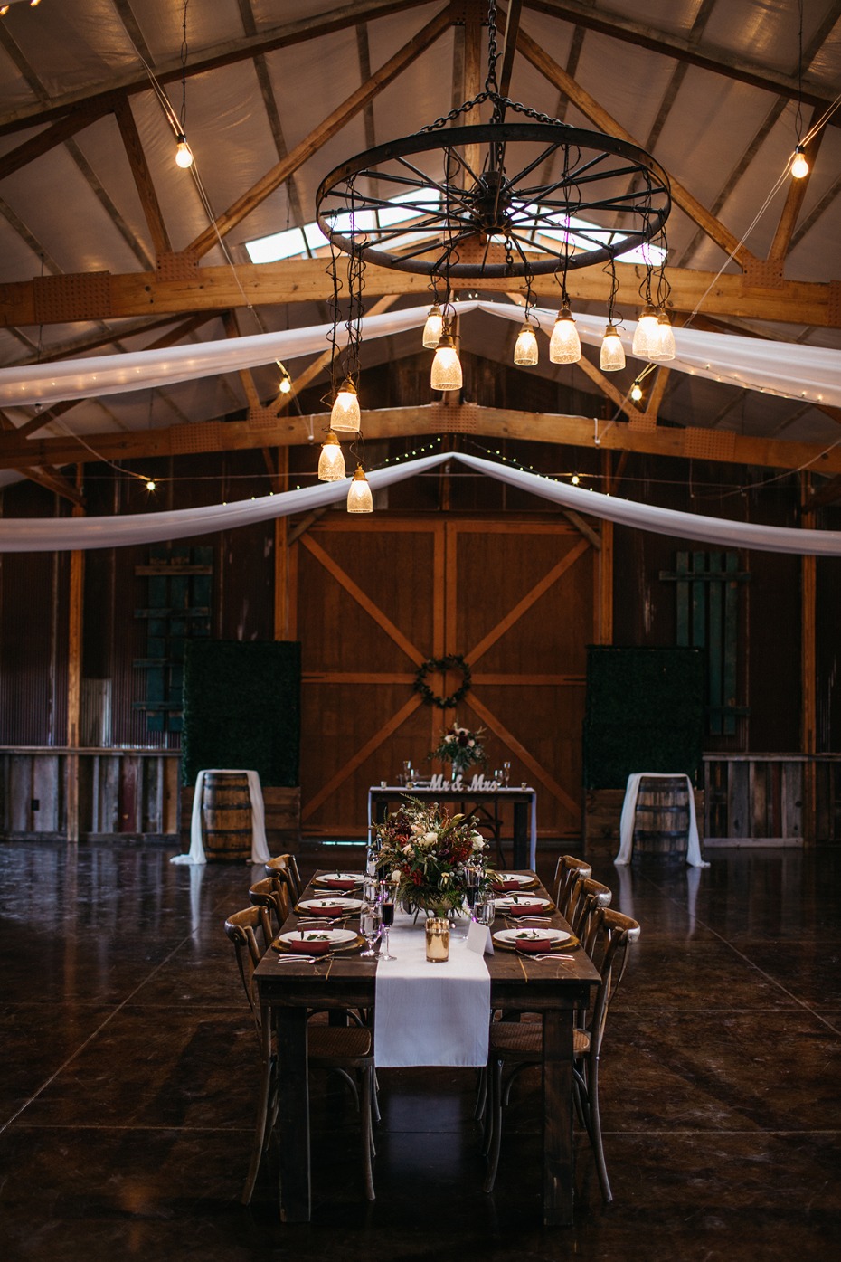 rustic chic fall wedding reception in a barn