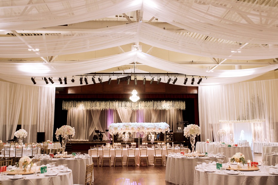 ballroom wedding reception in white and blush