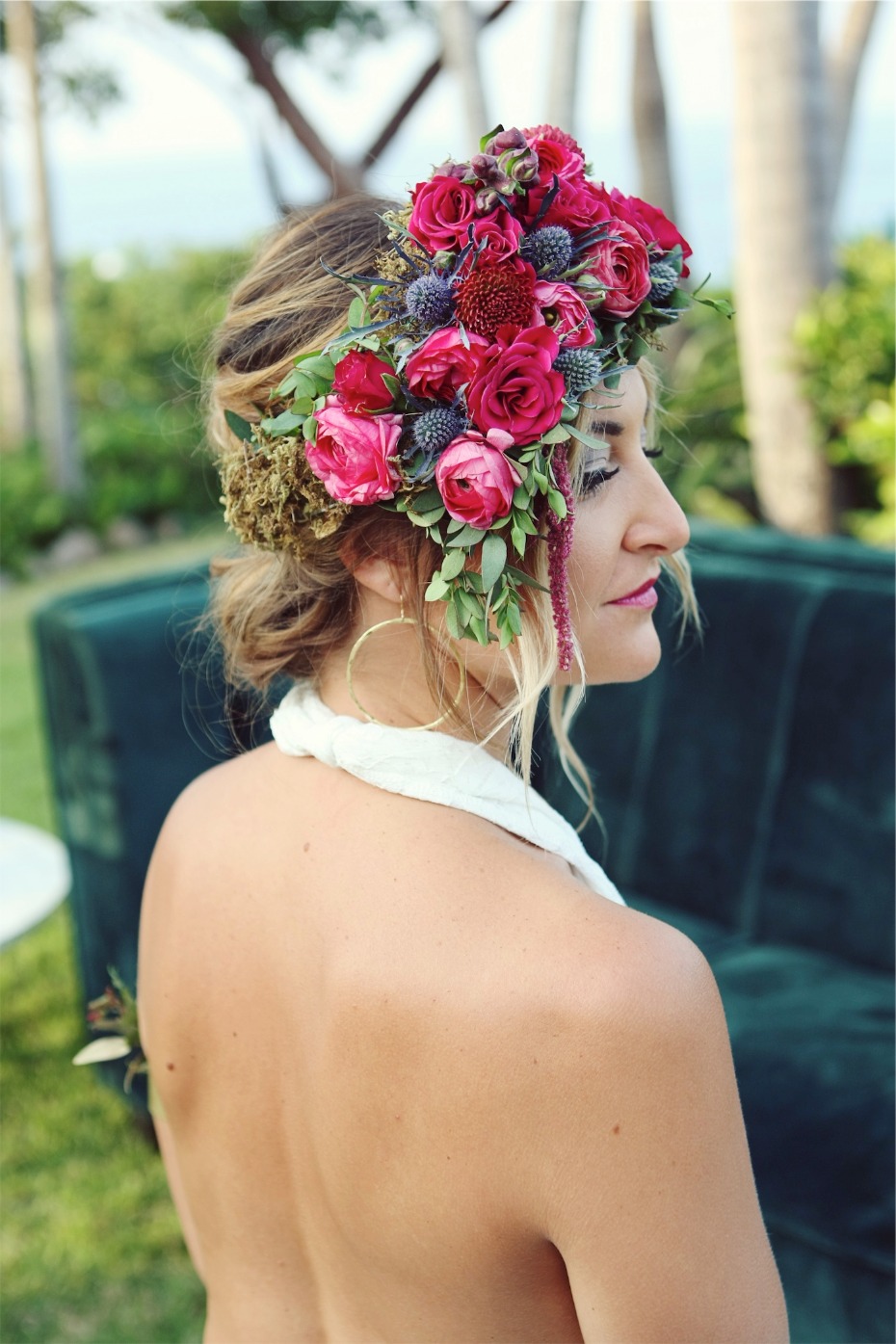 pink and blue wedding floral halo