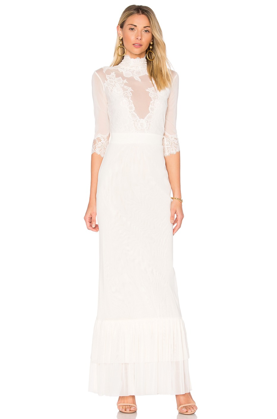 Elegant woman in a long white lace dress, a perfect wedding outfit