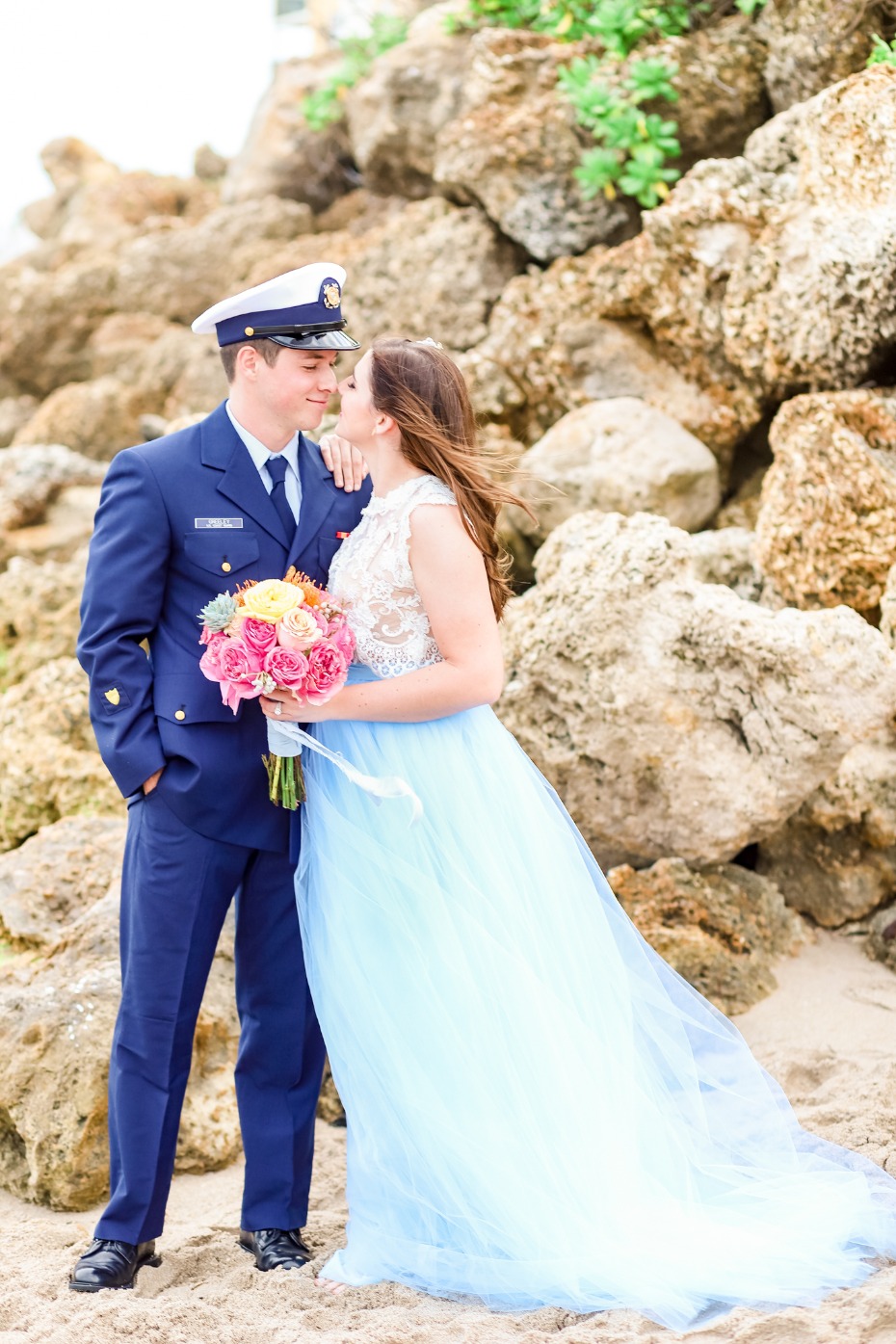 Blue tulle wedding dress with lace top