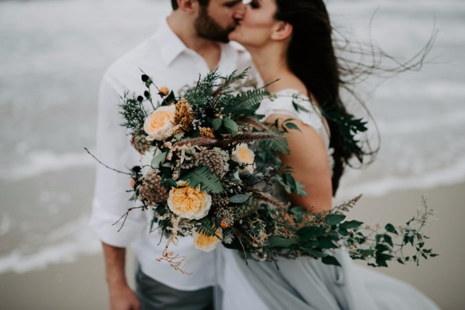 MLE Pictures Couple Kissing on Beach Big Florals
