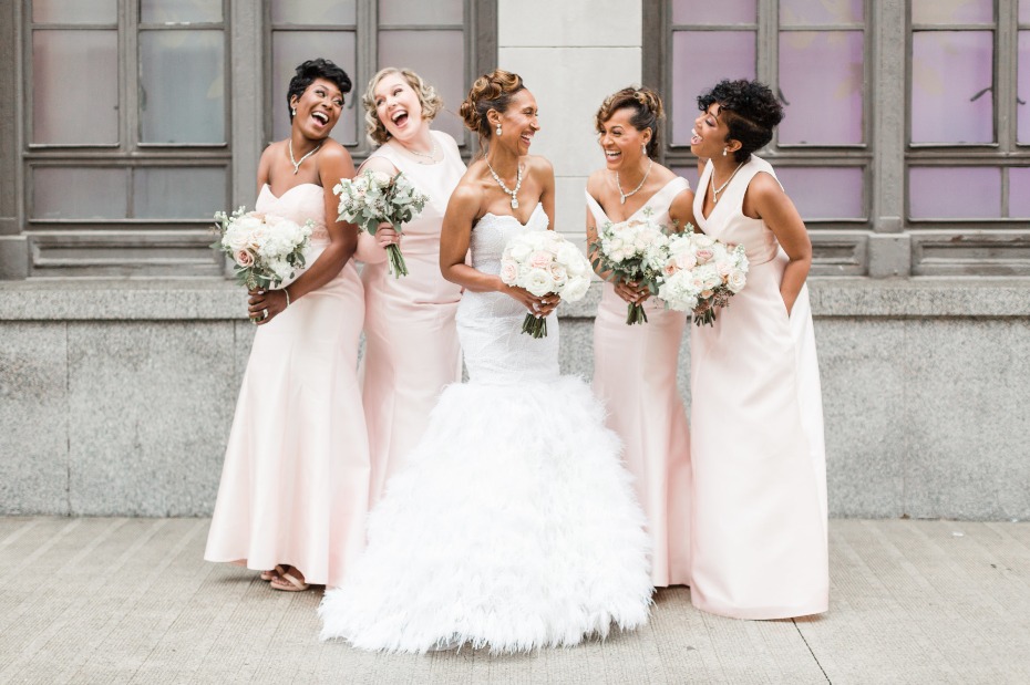 Mix and match bridesmaid dresses in blush