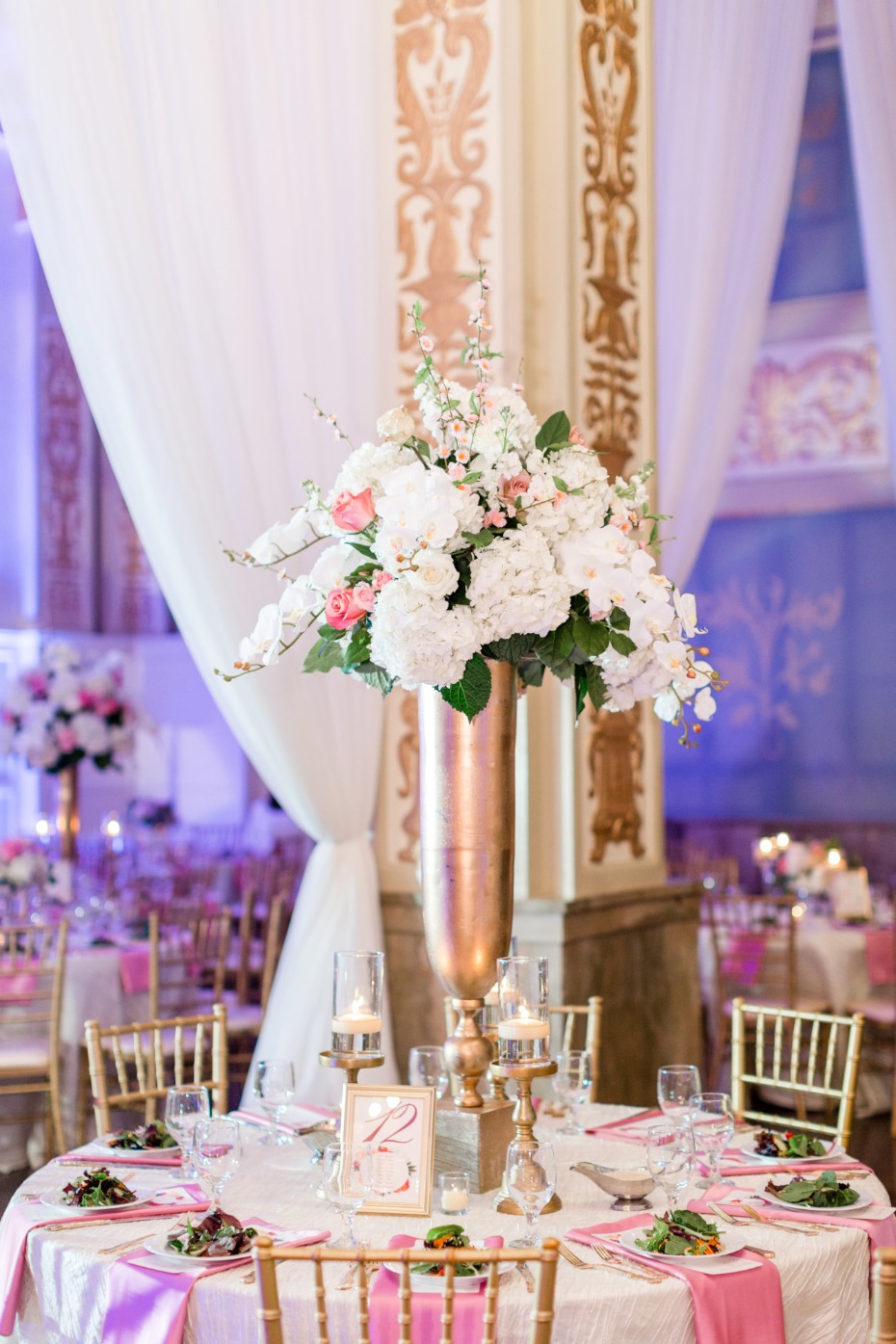 pink, gold and white reception decor