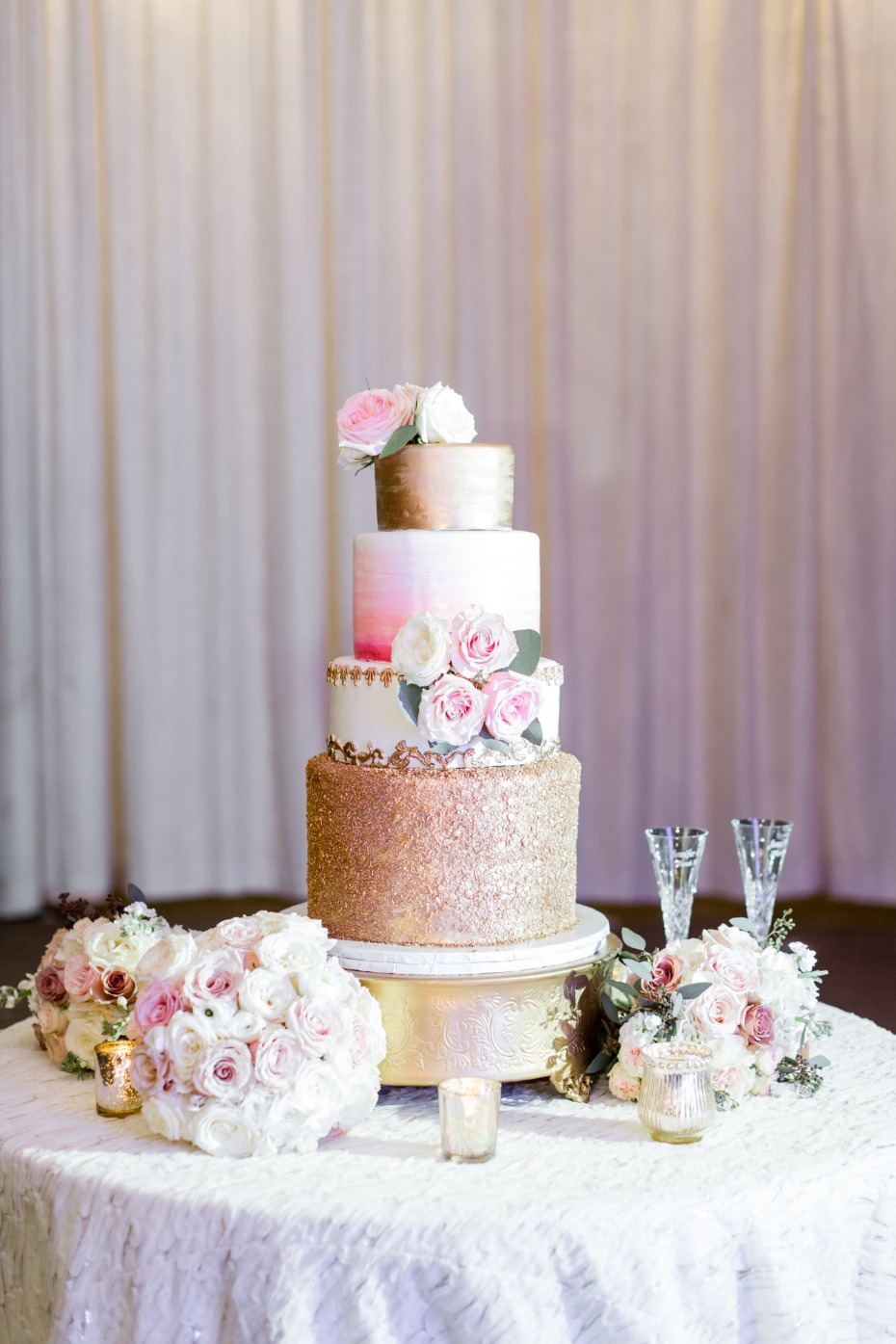 Blush, white and gold wedding cake