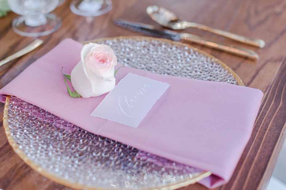 romantic gold and pink wedding place setting
