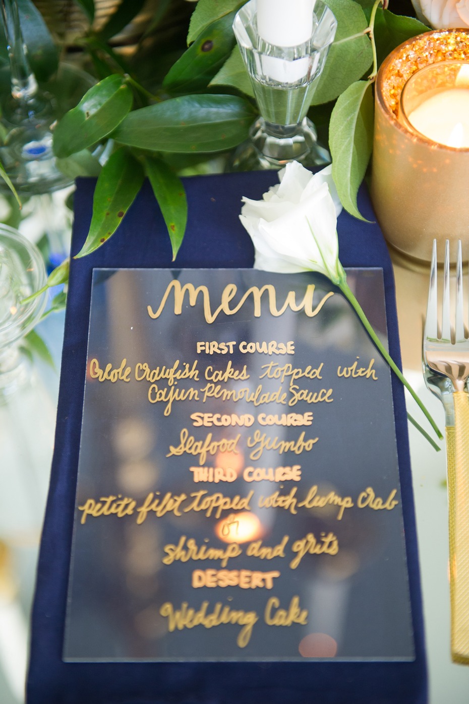 gold acrylic wedding menu