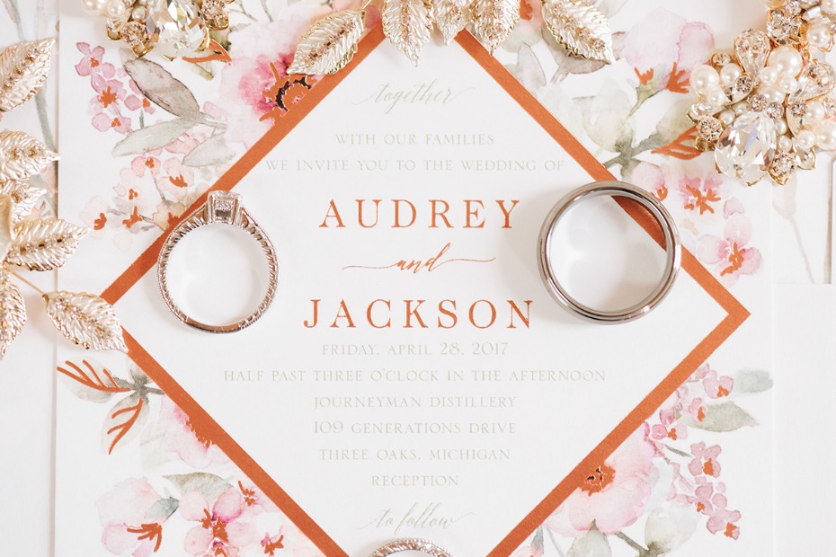 Audrey and Jackson wedding invitation and rings detail