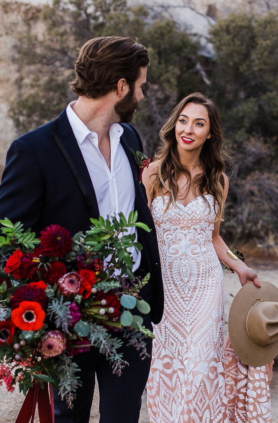 bride and groom boho style in the desert