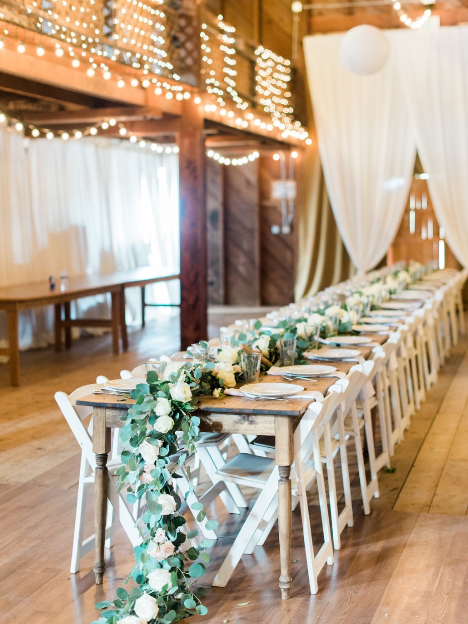 White and green barn reception