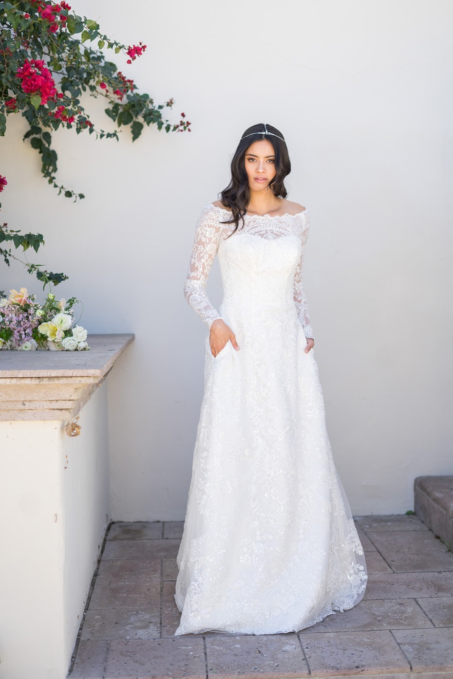 Oleg Cassini Exclusively for Davidâs Bridal Off-the-Shoulder Lace A-Line Wedding Dress, $1,358