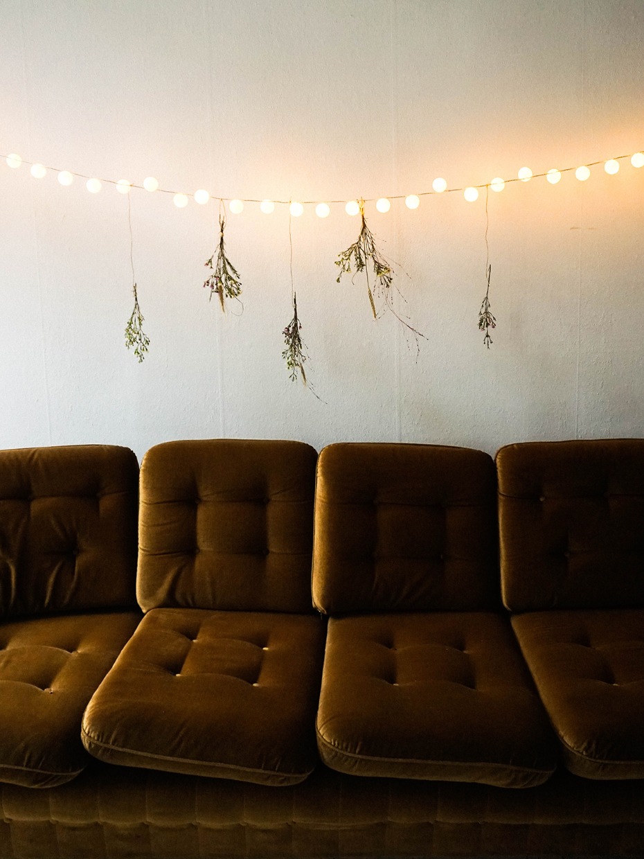 Brown velvet couch with string lights and dried flowers