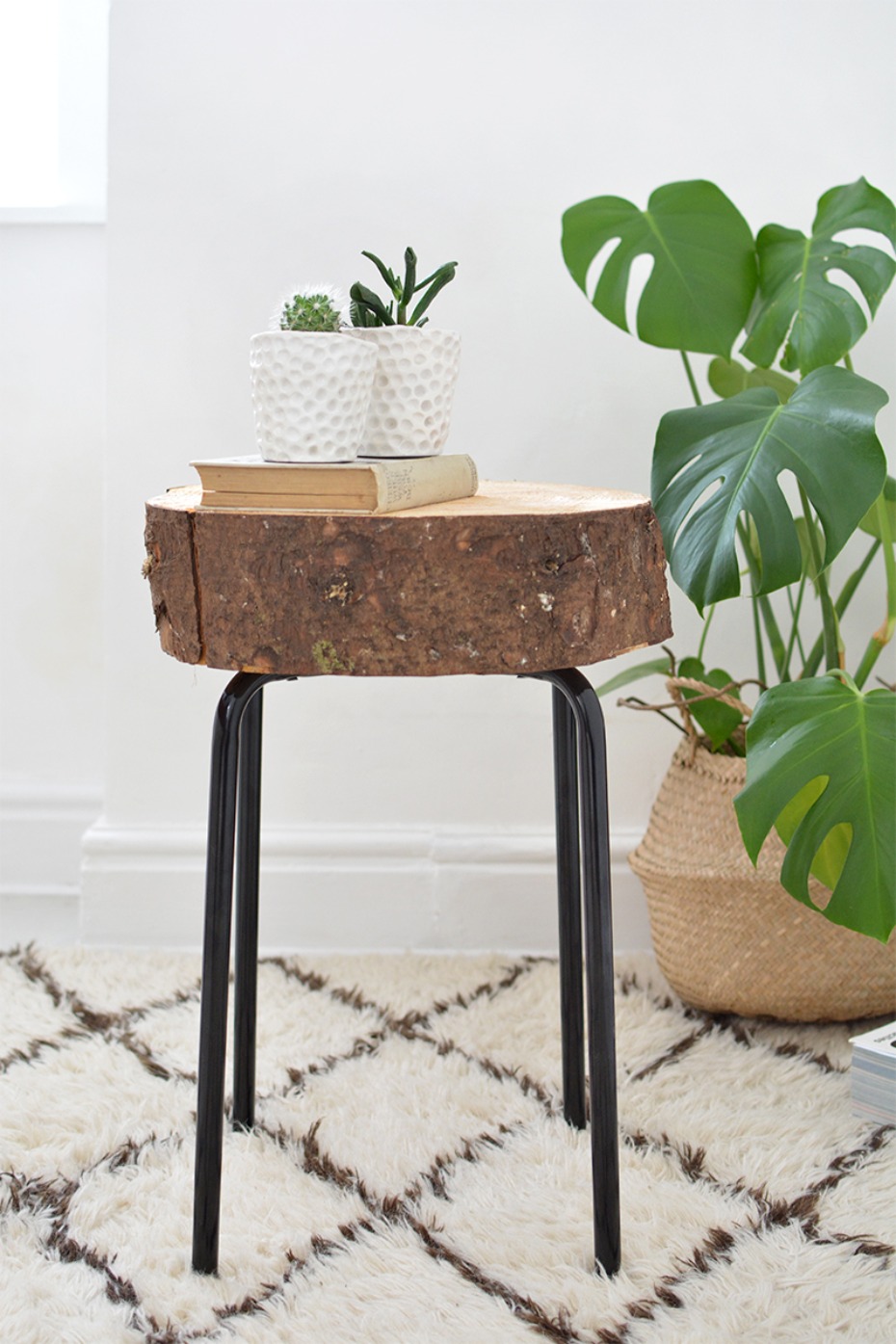 Stylish log end table with plants and modern decor