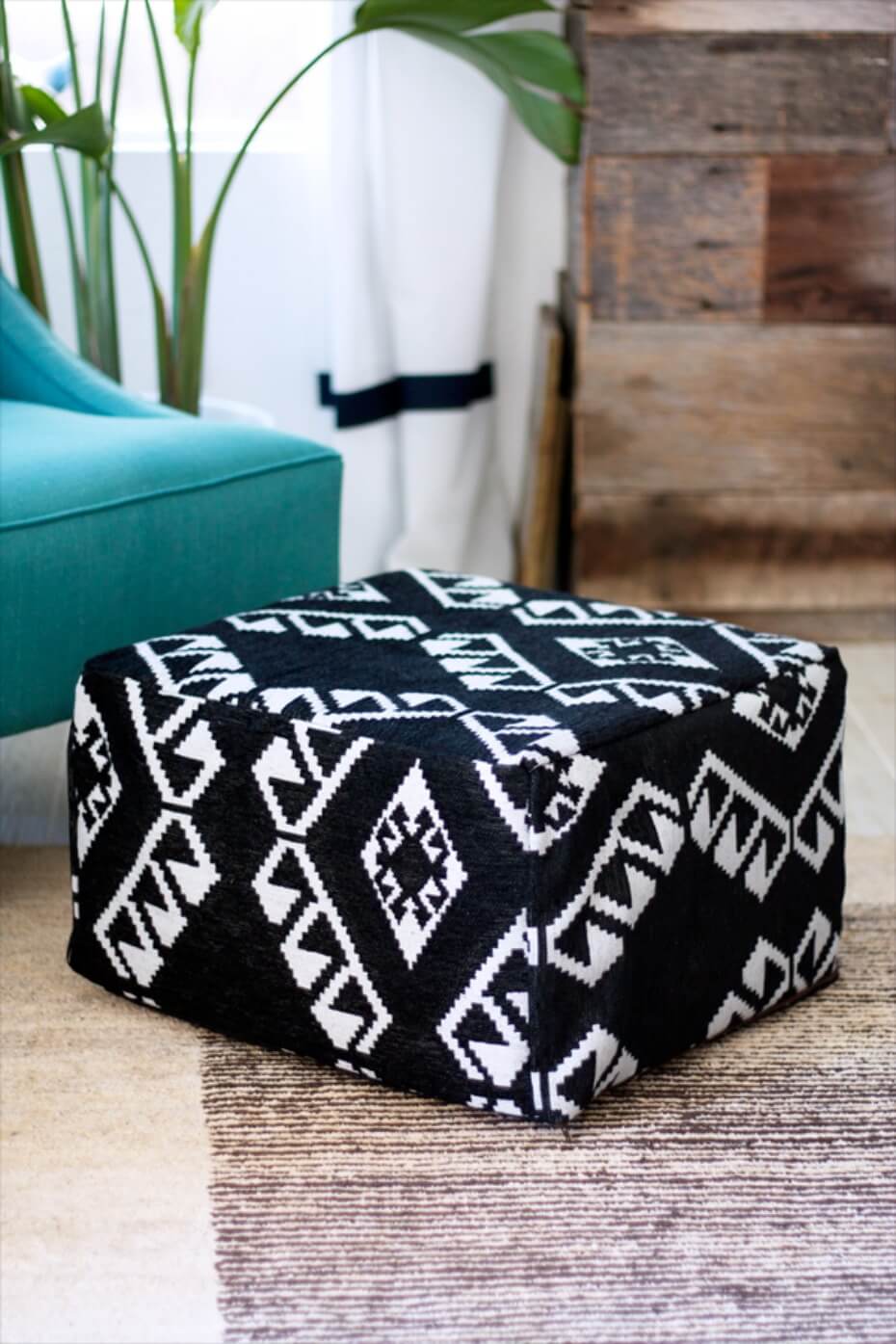 Black and white patterned cube ottoman interior design
