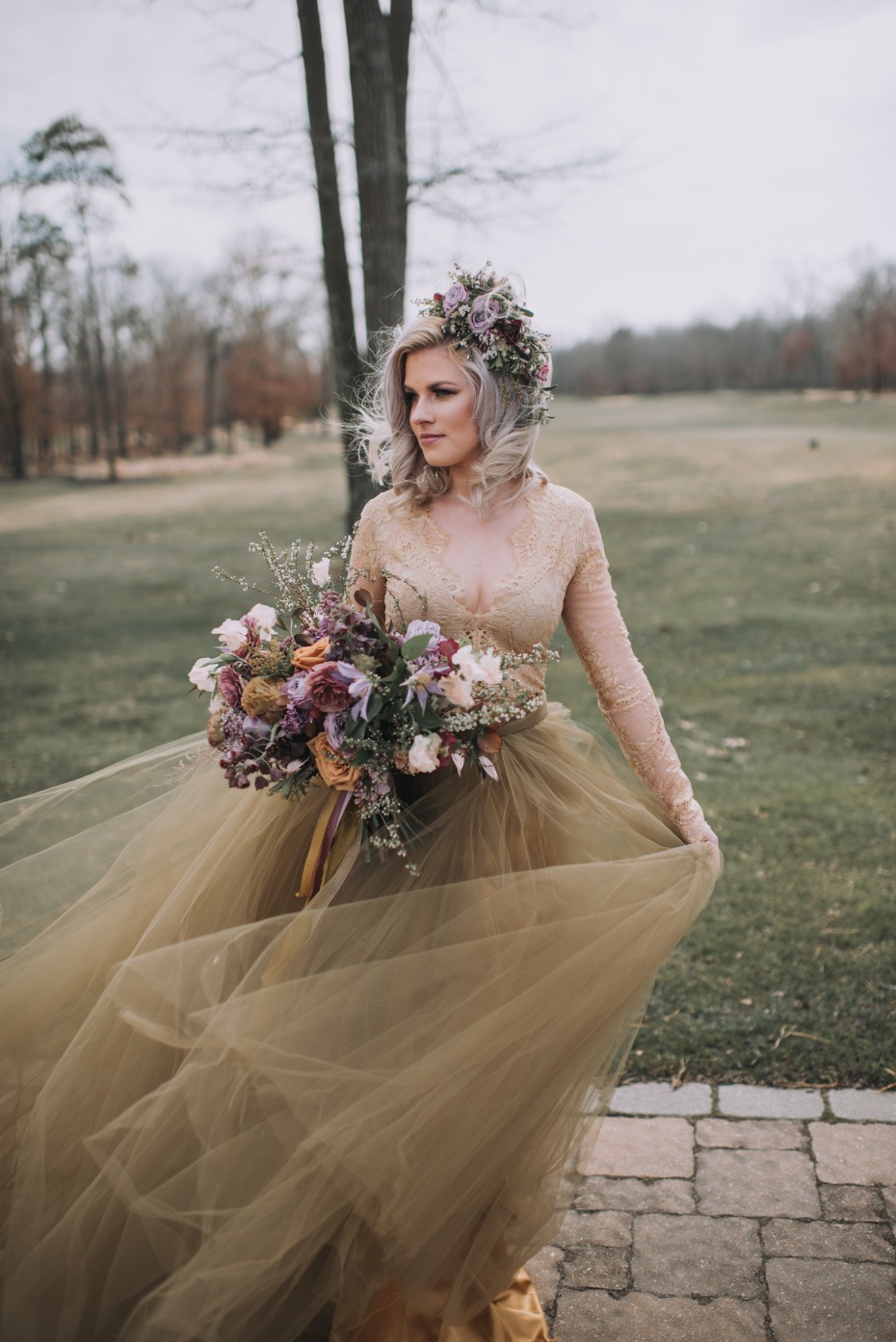 Spring rose gold wedding dress with lavender
