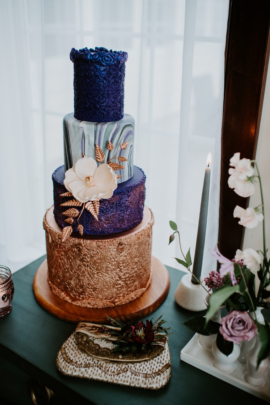Modern gold and purple wedding cake