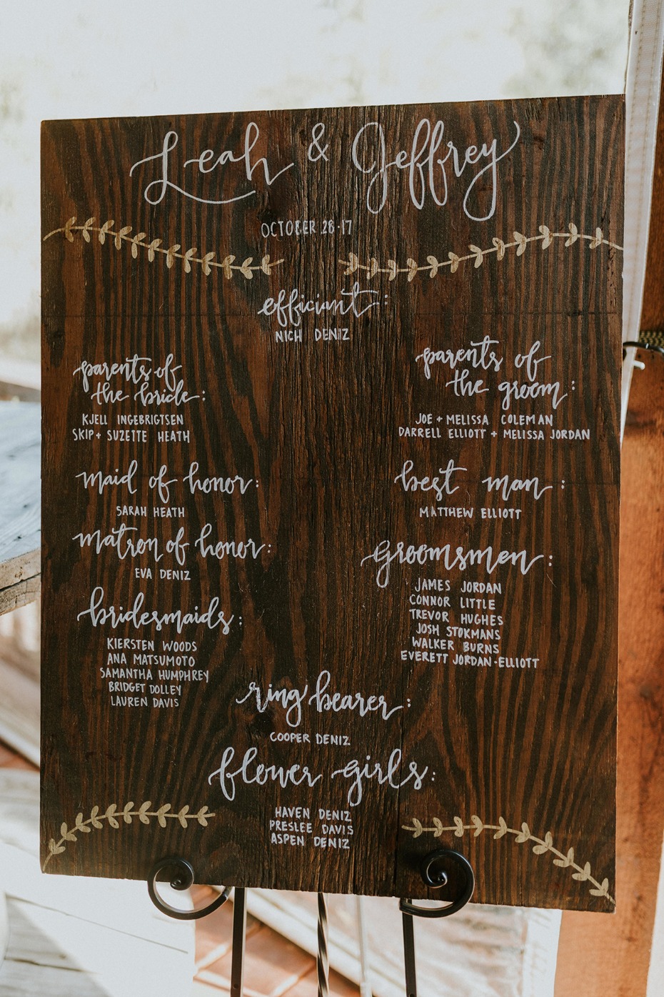 Leah and Jeffreys wedding party details rustic sign